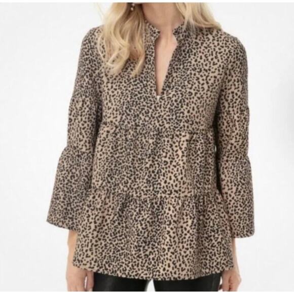 Tuckernuck Tops - Tuckernuck Edith Leopard Tiered Top V-Neck 3/4 Sleeves Tan & Black Women's Small